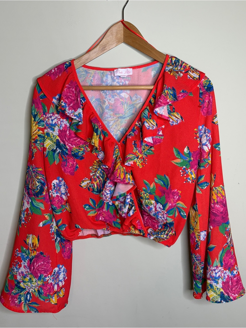 Pink Lily Festival Boho Red Floral Ruffle V-Neck Crop Top Small